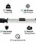 Heavy Duty Ball Screw Linear Actuator Paired With Nema Stepper Motor and Built Tough Linear Slide Stage features 100kg load.