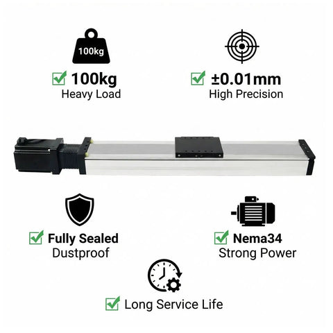 Heavy Duty Ball Screw Linear Actuator Paired With Nema Stepper Motor and Built Tough Linear Slide Stage features 100kg load.
