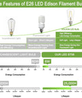 Infographic comparing incandescent, fluorescent, and Rad Retro Vintage Dimmable LED Edison Bulbs with 60W equivalent.
