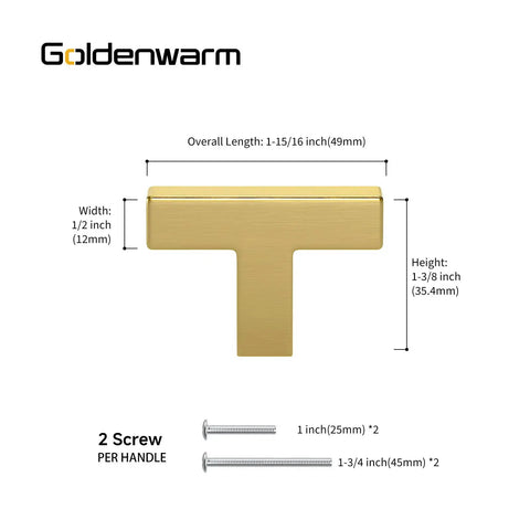 Brushed Brass Cabinet Knobs And Single Hole Drawer Pulls, 2 Inch Length, 10 Pack, With Screws Included In 1 Inch And 1.77 Inch For Cabinets And Furniture, Easy Install, T-handle dimension view