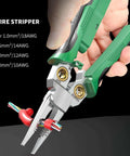 Green wire crimping and stripping tool in use, showing wire sizes; Eight In One Wire Crimping And Stripping Tool With Voltage Detector And Dual Alarms