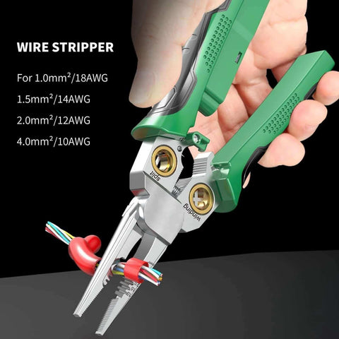 Green wire crimping and stripping tool in use, showing wire sizes; Eight In One Wire Crimping And Stripping Tool With Voltage Detector And Dual Alarms