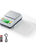 Ultra Precision 3000g Capacity Analytical Balance Lab Scale With 0.1g Readability, auto tare, shown with USB cable and batteries