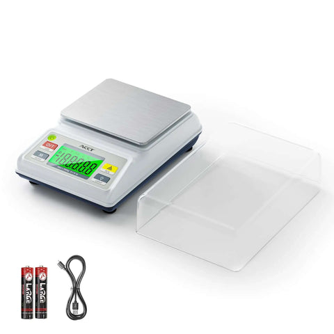Ultra Precision 3000g Capacity Analytical Balance Lab Scale With 0.1g Readability, auto tare, shown with USB cable and batteries