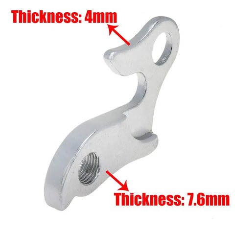 Universal Bicycle Derailleur Hanger Replacement 2 Pack Frame Gear Tail Hook Silver Tone showing thickness measurements