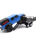 Level Up Your RC Rig With This Badass All Metal Trailer Cargo Carrier Featuring Removable Bed Perfect For TRX4M SCX24 FMS Model Upgrades DIY Build Kit 1 24 Scale RC Vehicles with blue rig loaded on trailer
