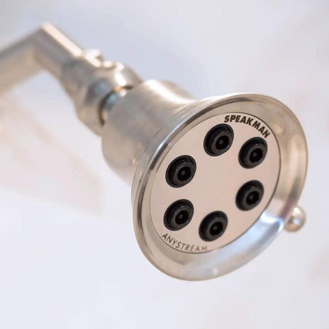 Anystream 360 Showerhead With Three Spray Settings, Consistent 2.5 GPM Flow, Brushed Nickel Finish, side angle view