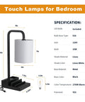 Three Way Dimmable Touch Lamp For Nightstand With USB Ports And Outlet, Linen Shade, dimensions and specifications shown
