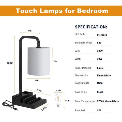 Diagram of Set Of 2 Bedside Lamps With 3 Way Dimmable Touch Control Built In USB Ports And An AC Outlet showing dimensions
