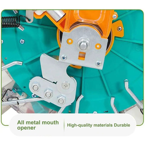 Close-up of metal components in the Walk-Behind Seed Spreader For Lawn And Farm No-Fuss Manual Push Roller Seeder.