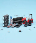 Top Shelf Miniature Vehicle Repair Shop Scene Featuring Resin Seats And Tire Balancing Machine For Collectible Scale Dioramas And Knockout Model Garage Displays, showcasing resin seats and tire machine.