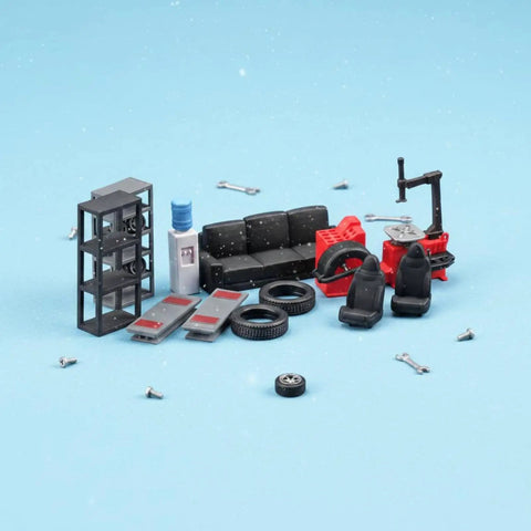 Top Shelf Miniature Vehicle Repair Shop Scene Featuring Resin Seats And Tire Balancing Machine For Collectible Scale Dioramas And Knockout Model Garage Displays, showcasing resin seats and tire machine.