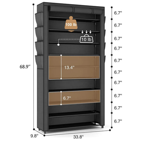 Tall 10 Tier Shoe Rack With Dustproof Cover Free Standing Storage For 50 To 55 Pairs Of Shoes And Boots Huge Capacity Space Saver Closet Entryway Garage Organizer 8 Pockets