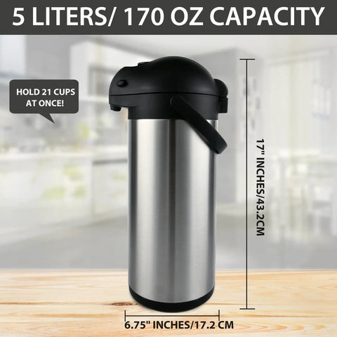 Stainless Steel Thermal Carafe Airpot Large Beverage Dispenser with Triple Wall Vacuum Insulation 5 L 170 Oz in kitchen