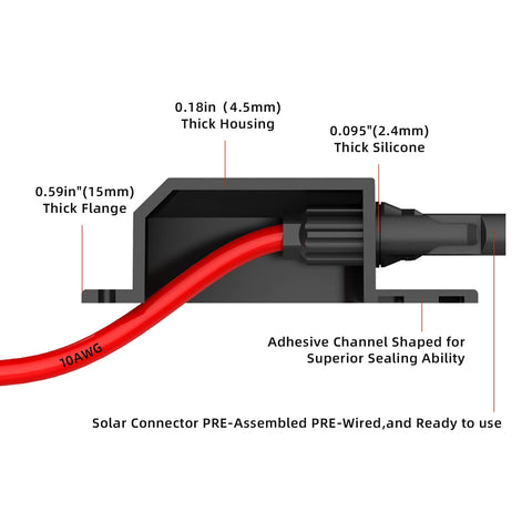 Cross-section of Weatherproof Solar Entry Gland for RV Roof Through Roof Entry Housing With 10AWG Solar Extension Cable and PG11 Waterproof Connector.