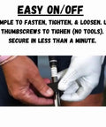 Hands attaching the Golf Swing Trainer Weight 4oz to a club shaft, showing the ease of fastening with thumbscrews.
