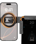 MagSafe Magnetic Car Phone Mount For Tesla Model Y And Model 3 Dash Holder with iPhone attached, showing strong 2500G magnetic lock