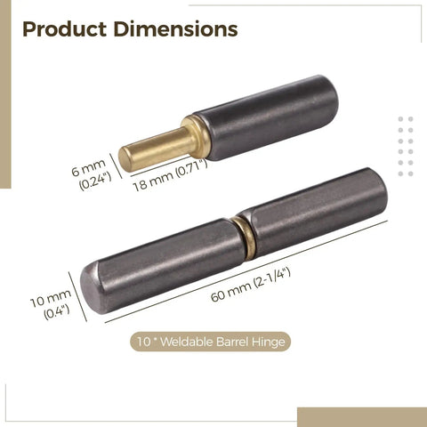 Product dimensions for 10 Pack Weldable Barrel Hinges 2 1/4 In Heavy Duty Weld On Door Hinges For Swing Doors Windows Trailer Ramps And Gates Detachable Metal Hinge Durable Carbon Steel Weatherproof Construction, showing detailed measurements.