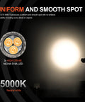 Light beam from E70 Mini Rechargeable EDC Flashlight 1500 Lumens, 519A LED, High CRI 90 Plus, illuminating neutral white spot.