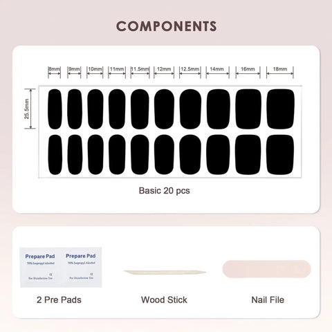 Semi Cured Gel Nail Strips For Real Gel Polish UV Wraps To Strengthen Brittle Nails Waterproof Long Lasting Easy Peel Off Removal Hema Free 20 Piece Solid Black Pro Salon Kit With File And Stick displayed with components.