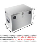 Built Like A Tank Stainless Steel Battery Box For RV Trailers And Deck Ready Boats With Locking Watertight Cover dimensions shown.