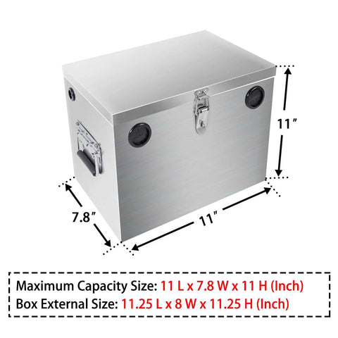 Built Like A Tank Stainless Steel Battery Box For RV Trailers And Deck Ready Boats With Locking Watertight Cover dimensions shown.