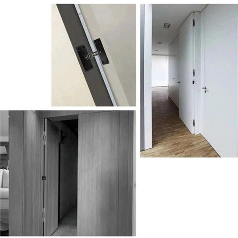 Hidden Door Closer Stealth Auto Close Device For Wood Doors, Adjustable Spring Hinge Hardware, Stainless Steel, Brushed Silver Or Matte Black Finish, Invisible Mount, Supports 60 To 80 Kg installed on wood and white doors.
