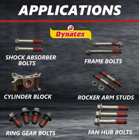Dynatex applications showing shock absorber, frame, ring gear, fan hub bolts, and rocker arm studs with thread locker
