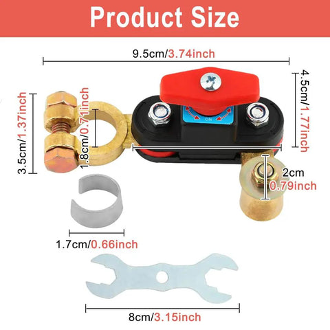 Super Cool Smart Battery Cut-Off Switch For 12v-To-24v Cars And Trucks Plus Boats featuring product dimensions and copper connectors.