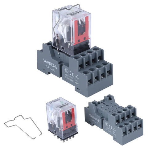 Heavy Duty 24V DC Relay with 14 Pin Socket Base and LED Indicator, 5 Amp Coil, 4PDT 4NO 4NC Configuration, DIN Rail Mount