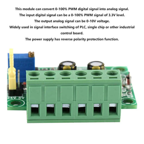 3.3V PWM To 0 To 10V Voltage Converter Module For D A Digital Analog Conversion From PWM Signals 0 To 100 Percent To Steady 0 To 10 Volt Analog Output For PLC Projects And Industrial Use Plug And Play Ready, showing terminal block and circuit board