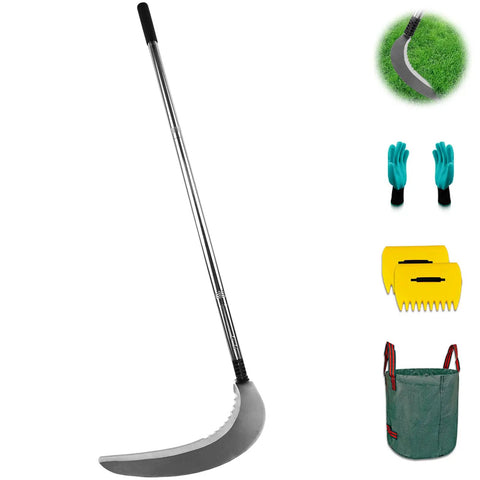 Long Reach Weeding Tool Set With Serrated Double Edged Blade, Stand Up Weeding Tool, Two Leaf Scoops, 16 Gallon Lawn Bag, And Gardening Gloves