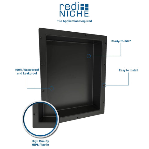 Triple Recessed Shower Shelf In Black With Three Built In Shelves, 16 Inch By 40 Inch By 4 Inch Niche, Tile Ready Surface, Reversible