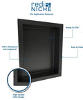 Triple Shower Niche Organizer In Black With Three Shelves Recessed Tileable Surface Ready To Tile 16 Inch Width 40 Inch Height 4 Inch Depth Install Vertically Or Horizontally For All In One Shower Storage high quality HIPS plastic detail