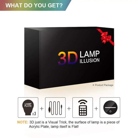 Package of Lit 3 Pattern 16 Colors 3D Night Light Illusion Lamp For Fans With Laser Etched Optical Acrylic Plate And 10 LED Uplights Star Wars Themed Gift displayed with components.