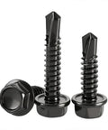 Number Twelve X Three Quarter Inch Hex Washer Head Self Drilling Screws Black Coated 410 Stainless Steel Heavy Duty Sheet Metal Fasteners Fifty Pack close-up view of black hex washer head screws