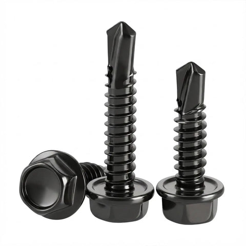 Number Twelve X Three Quarter Inch Hex Washer Head Self Drilling Screws Black Coated 410 Stainless Steel Heavy Duty Sheet Metal Fasteners Fifty Pack close-up view of black hex washer head screws