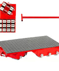 No Sweat Heavy Duty Skate Dolly With Four Smooth Riding Pivot Wheels Efficiently Hauling Heavy Machinery Across Tight Warehouses And Busy Workshop Floors, red platform with rubber grip.