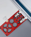 Upgraded Track Saw Guide Rail Square showing red aluminum alloy design with snap mount for precise cuts on guide tracks.