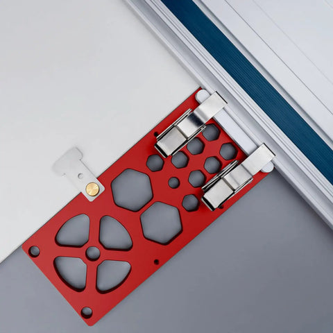 Upgraded Track Saw Guide Rail Square showing red aluminum alloy design with snap mount for precise cuts on guide tracks.