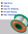 Ultra Thin Solder Wire 0.01 Inch 0.3 mm Rosin Core Flux Lead Free Sn99 Ag0.3 Cu0.7 50G Spool with green and orange label