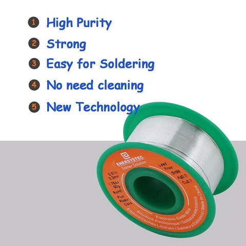 Ultra Thin Solder Wire 0.01 Inch 0.3 mm Rosin Core Flux Lead Free Sn99 Ag0.3 Cu0.7 50G Spool with green and orange label