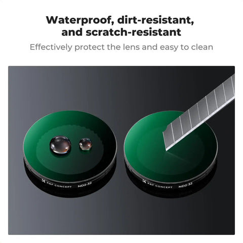 Variable ND2-32 Filter For DJI Osmo Action Series showing waterproof, dirt-resistant surfaces with drops and scratch protection demo.