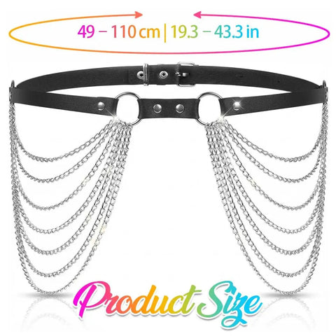 Edgy Punk Waist Chain Belt Black Leather Harness With Silver Layered Chains Snatching That Hip Curve Adjustable Fit 49-110 cm
