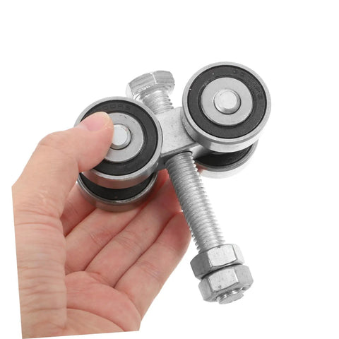 Top Shelf Stainless Steel Sliding Door Wheels Replacement Kit Featuring Dual Bearing Pulleys For Effortless Barn Door And Greenhouse Slider Upgrades That Roll Like Butter held in hand showing dual pulleys.