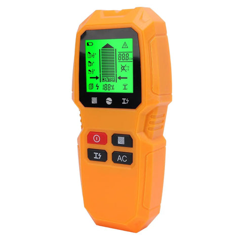 Phefop Wall Scanner Stud Finder 5 in 1 with LCD Display for Cable Metal, showing orange handheld device with LCD screen.