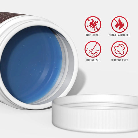 Welding Nozzle Gel For MIG Welding Anti Spatter Dip in open can, blue gel visible, non-toxic silicone-free features displayed