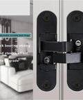 Hidden Cross Hinge For Invisible Doors With Three Dimensional Adjustable Mechanism 180 Degree Flat Folding Wooden Door Hardware Left Large Model Easy Install Concealed Pivot System One Color Finish Durable Interior Room Divider Solution shown in close-up view, highlighting its 3D adjustability and concealed design in a modern room setting.