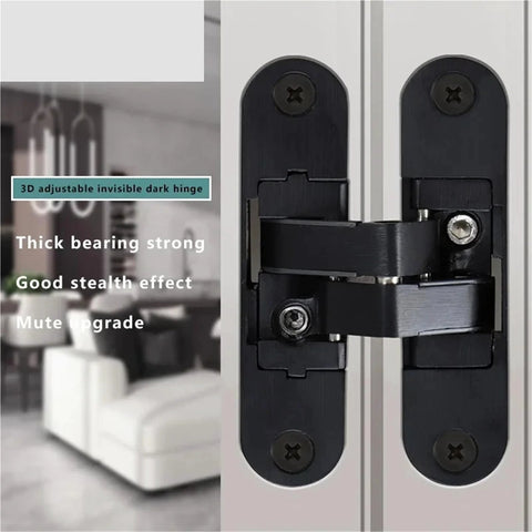 Hidden Cross Hinge For Invisible Doors With Three Dimensional Adjustable Mechanism 180 Degree Flat Folding Wooden Door Hardware Left Large Model Easy Install Concealed Pivot System One Color Finish Durable Interior Room Divider Solution shown in close-up view, highlighting its 3D adjustability and concealed design in a modern room setting.