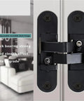 Heavy Duty Hidden Door Hinge For Sleek Invisible Panels With Three D Adjustability And Smooth One Eighty Degree Flat Folding, black, installed on cabinet.